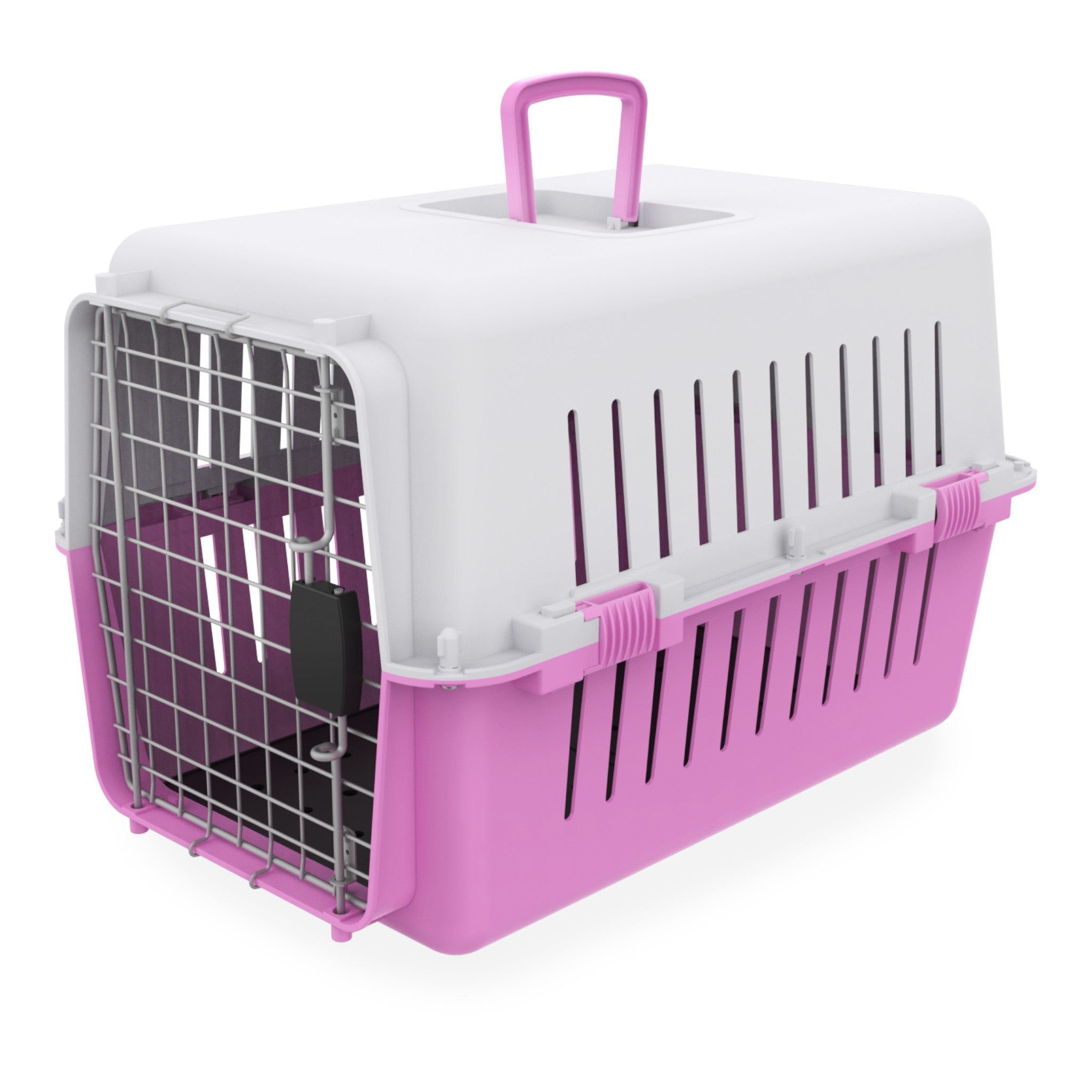 Transportadora rosa para perro chico con puerta metálica tipo IATA y tapete sanitario