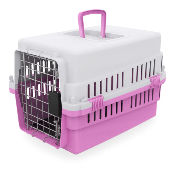 Transportadora rosa con puerta metálica tipo IATA y tapete sanitario para perros y gatos pequeños
