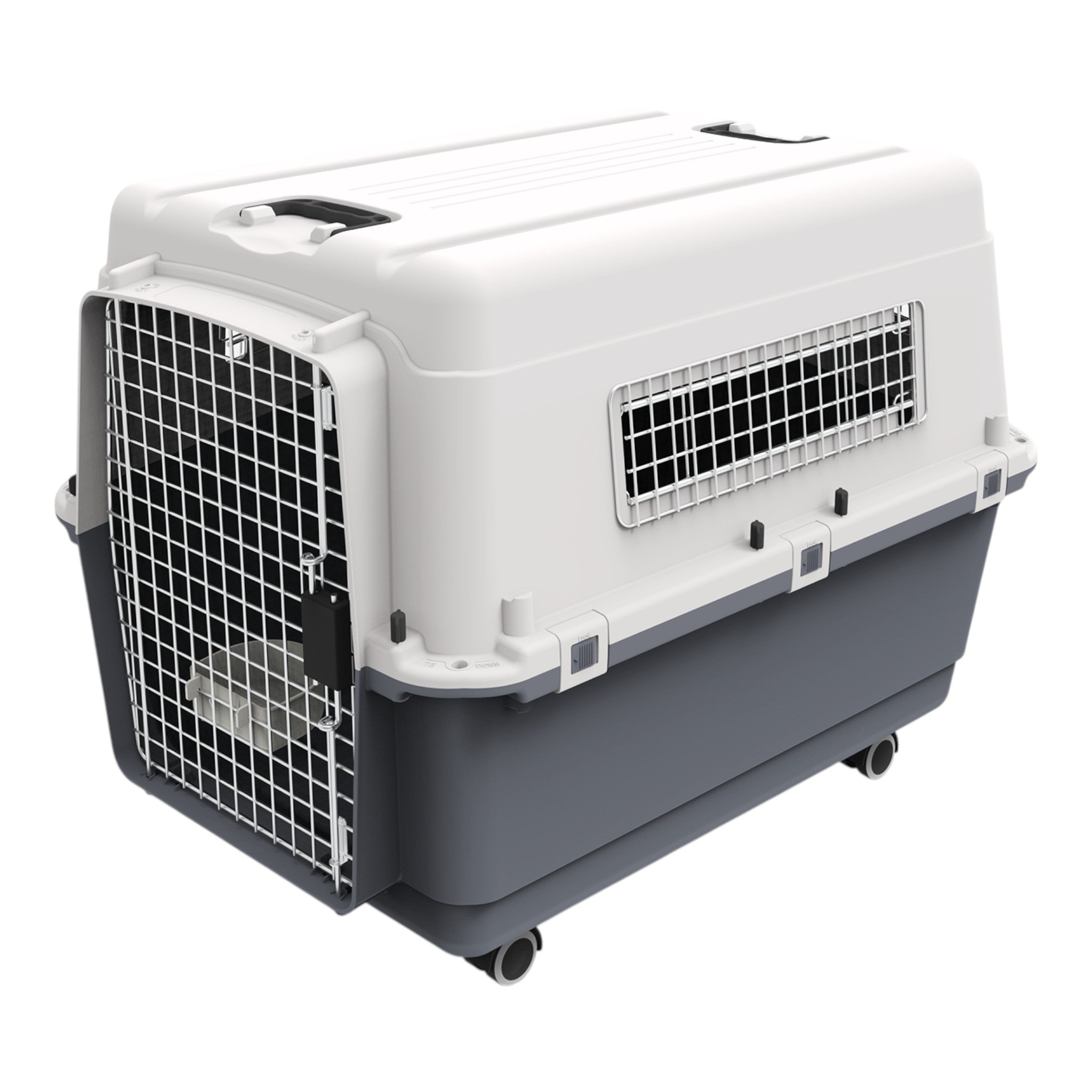 Transportadora kennel rígida color gris con puerta metálica, ruedas y ventilaciones laterales, ideal para perros de hasta 25 kg