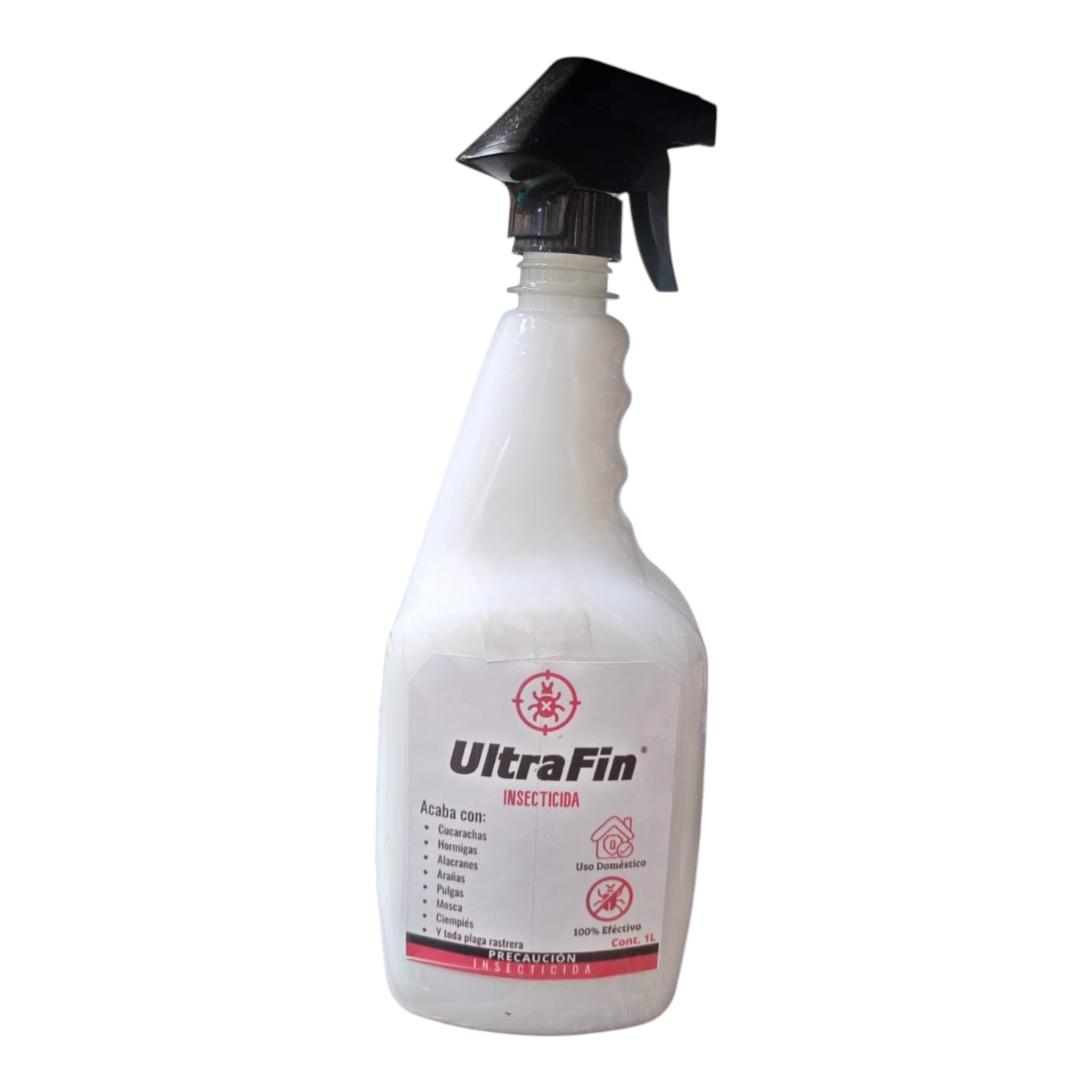Envase de Ultrafin 1 litro, insecticida con cipermetrina y DDVP para el control de alacranes, arañas, cucarachas y otras plagas en interiores y exteriores