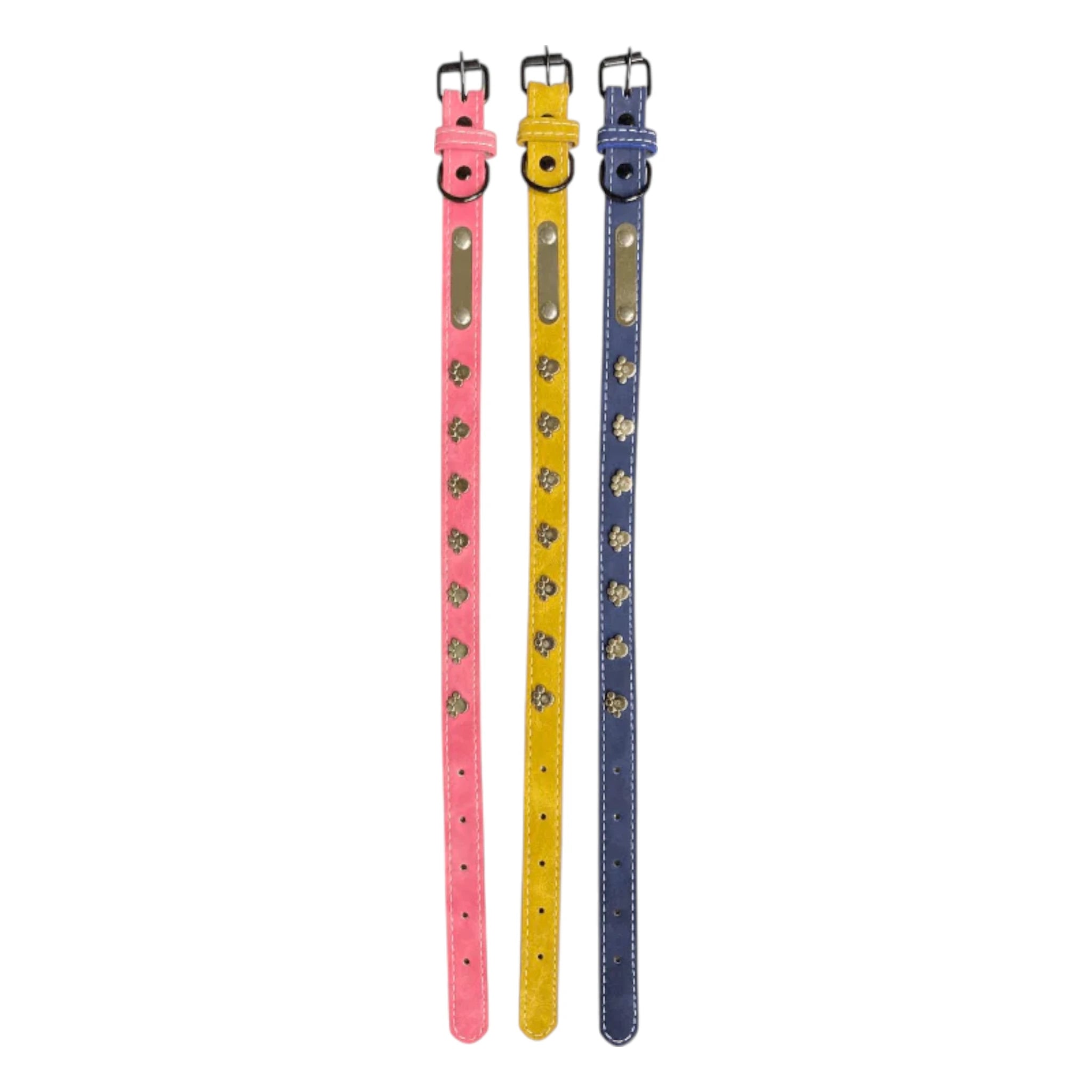 Collares de imitación piel para perro en colores vivos con huellitas metálicas, mostrados extendidos para apreciar longitud y diseño