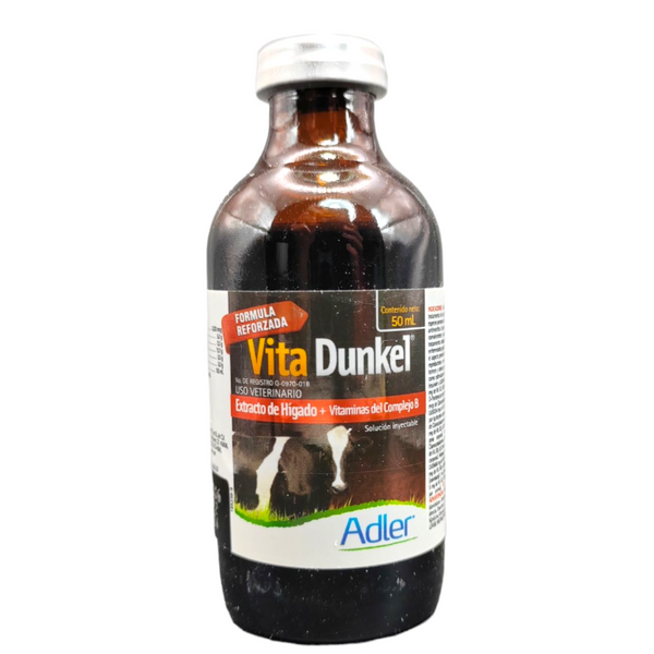 Envase de Vita Dunkel, suplemento vitamínico con complejo B y extracto de hígado, para mejorar energía, metabolismo y salud en animales.
