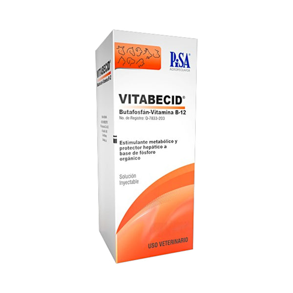 Caja de Vitabecid solución inyectable, reconstituyente vitamínico y mineral con vitamina B12 y butafosfan para animales de compañía, ganado y aves.