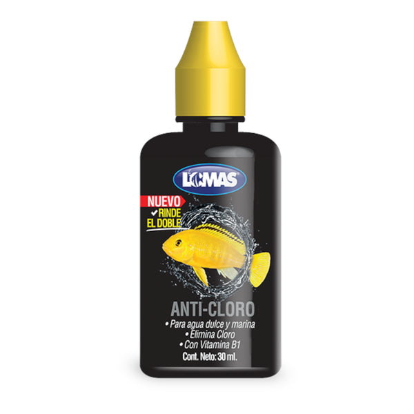 Botella de acondicionador Anti-Cloro Lomas de 30ml para acuarios, elimina el cloro rápidamente.