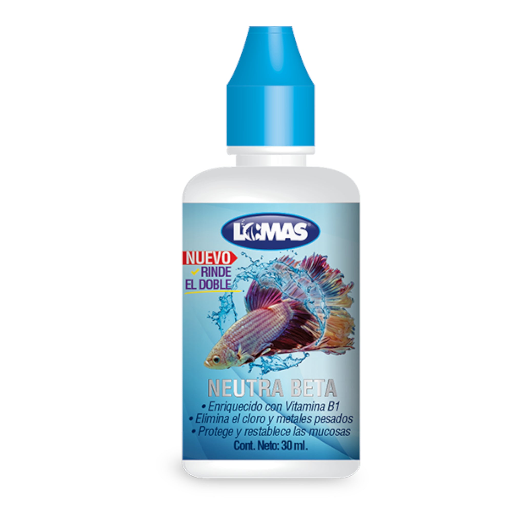 Botella de 30 ml de Neutra Beta Lomas, acondicionador para peces que elimina el cloro y metales pesados enriquecido con Vitamina B1.