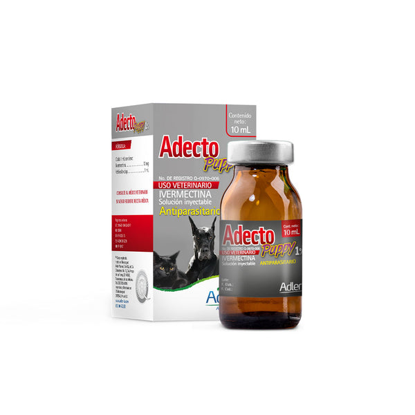 Frasco de Adecto Puppy 10 ml, antiparasitario inyectable para cachorros y gatitos con ivermectina