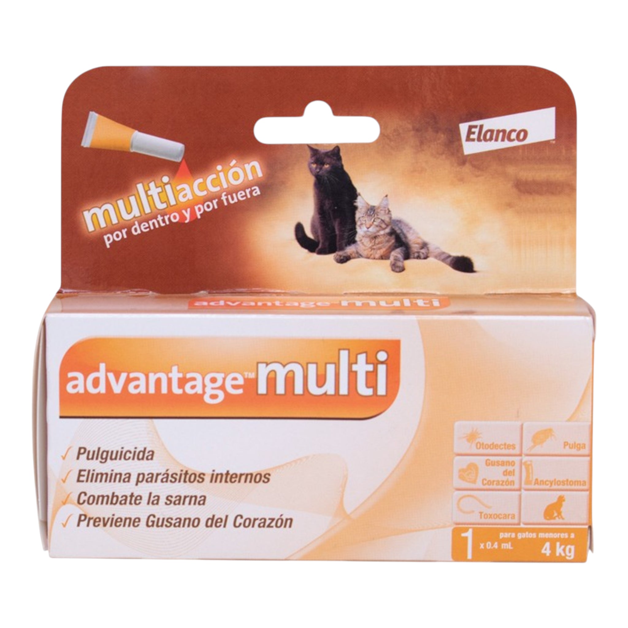 Caja de Advantage Multi para gatos y hurones de hasta 4 kg, solución tópica multiacción contra parásitos internos y externos.