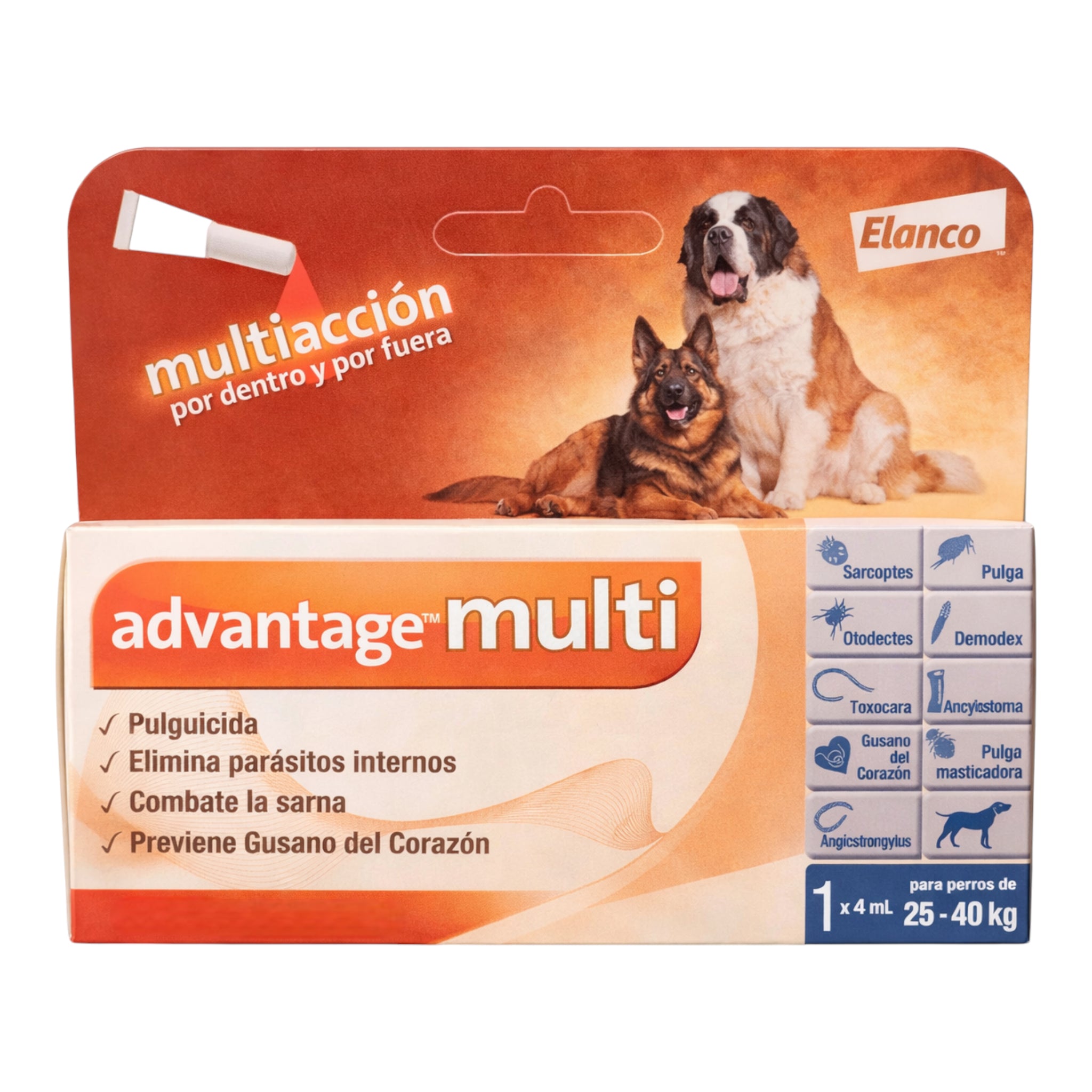 Presentación de Advantage Multi para perros grandes de 25 a 40 kg, solución tópica para el control de parásitos. Imagen mejorada con IA.