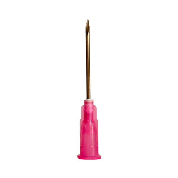 Aguja hipodérmica veterinaria 18G x 1” de acero inoxidable con cono rosa para ganado y equinos