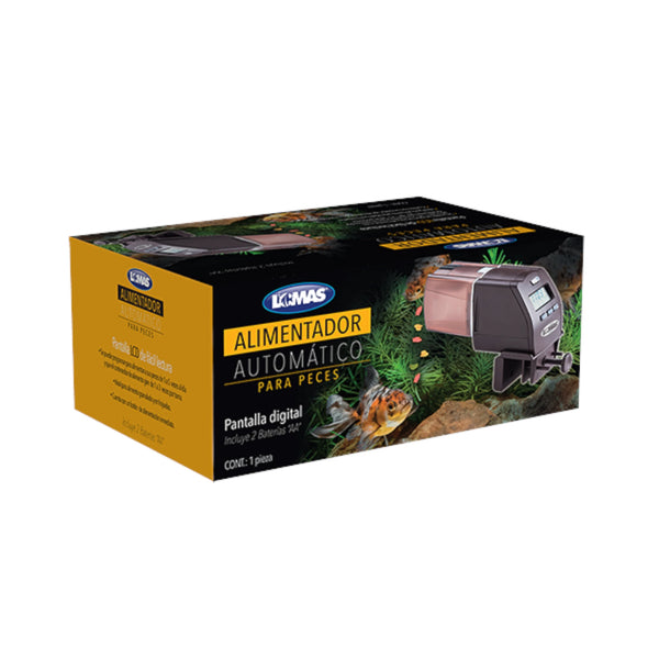 Caja del alimentador automático para peces Lomas con vista del producto y diseño programable.