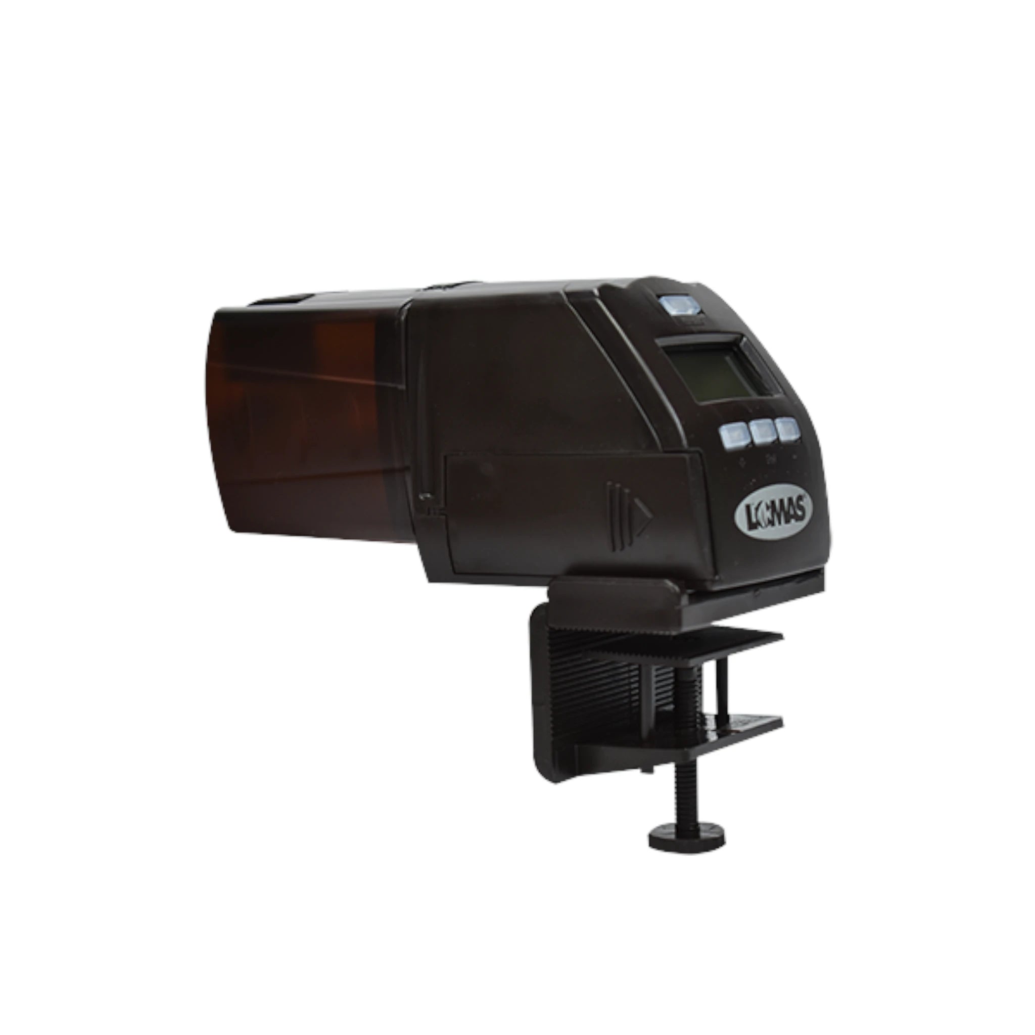 Alimentador automático para peces vista lateral con pantalla LCD.