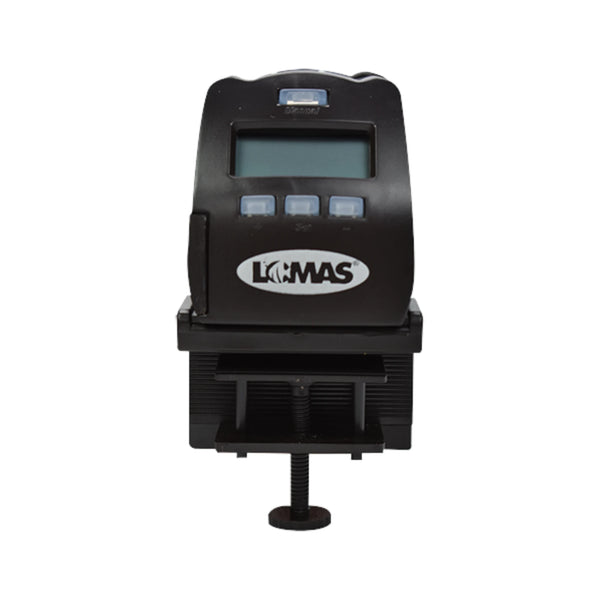 Alimentador automático para peces vista frontal mostrando soporte ajustable.