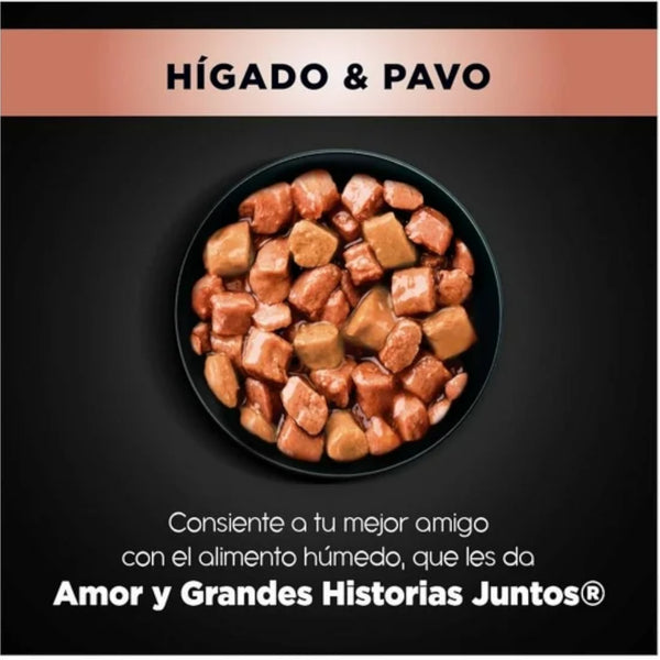 alimento húmedo Ganador Premium sabor hígado y pavo para cachorro, trozos de carne en salsa