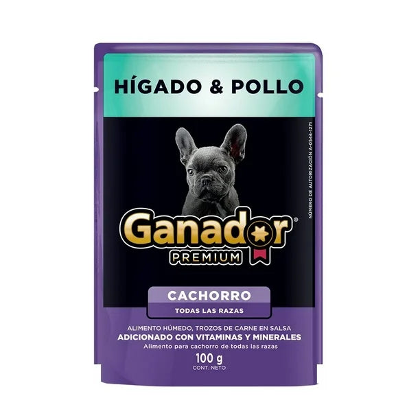 sobre de alimento húmedo Ganador Premium para cachorros de todas las razas con trozos de hígado y pollo en salsa