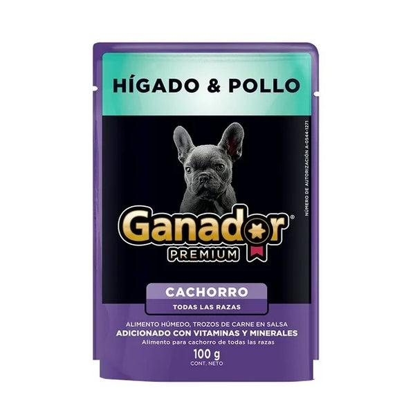 sobre de alimento húmedo Ganador Premium para cachorros de todas las razas con trozos de hígado y pollo en salsa