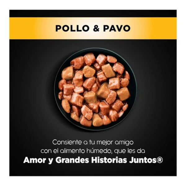 alimento húmedo Ganador Premium sabor pollo y pavo para perros adultos, trozos de carne en salsa