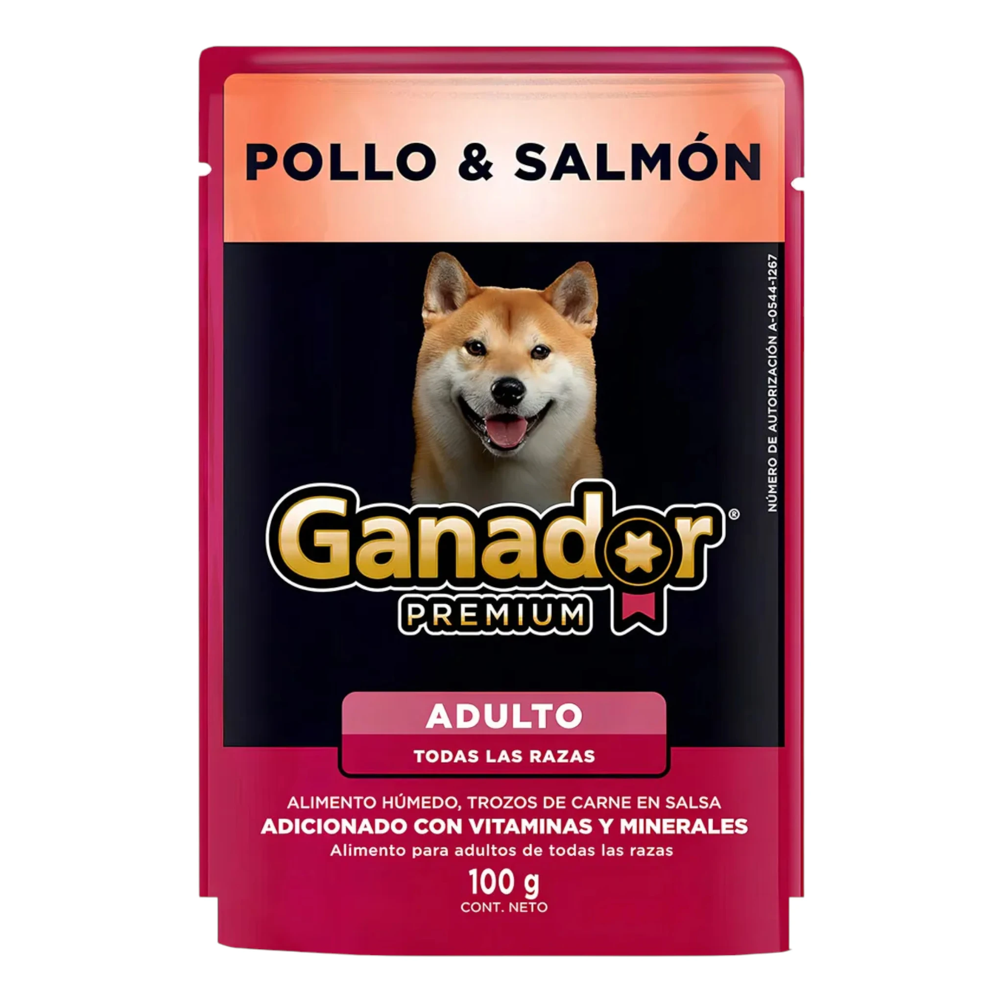 sobre de alimento húmedo Ganador Premium con trozos de pollo y salmón para perros de todas las razas