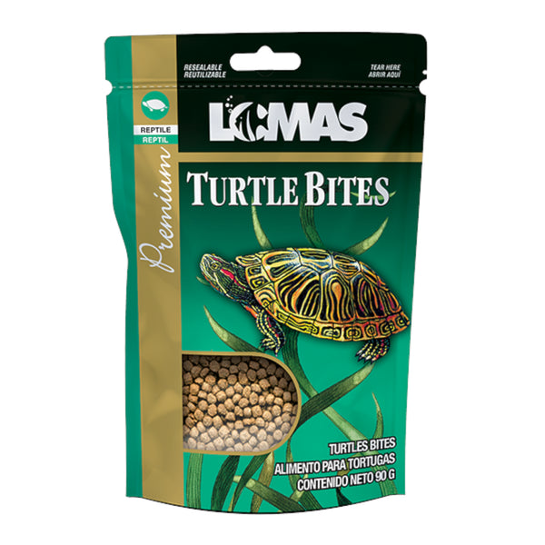 Empaque resellable de Turtle Bites Lomas de 90g, alimento premium tipo pellets flotantes para tortugas acuáticas y reptiles.