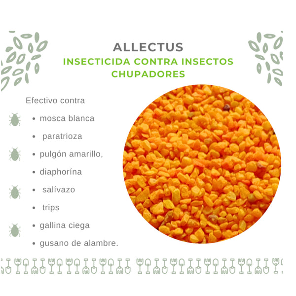 Detalle en primer plano de los gránulos naranjas del insecticida Allectus GR, formulado con bifentrina e imidacloprid para control de plagas en cultivos.