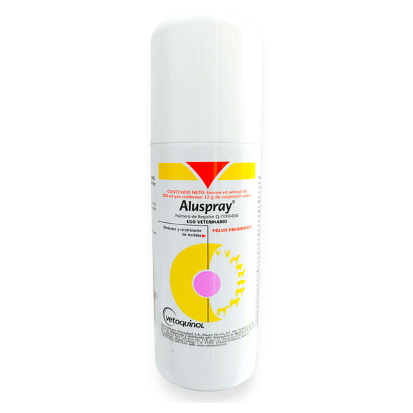 Lata de Aluspray aerosol de aluminio micronizado, barrera protectora y cicatrizante para heridas en mascotas y animales de granja.