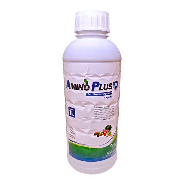 Botella de fertilizante orgánico AminoPlus con aminoácidos, fósforo y potasio para cultivos de jitomate, chile y hortalizas