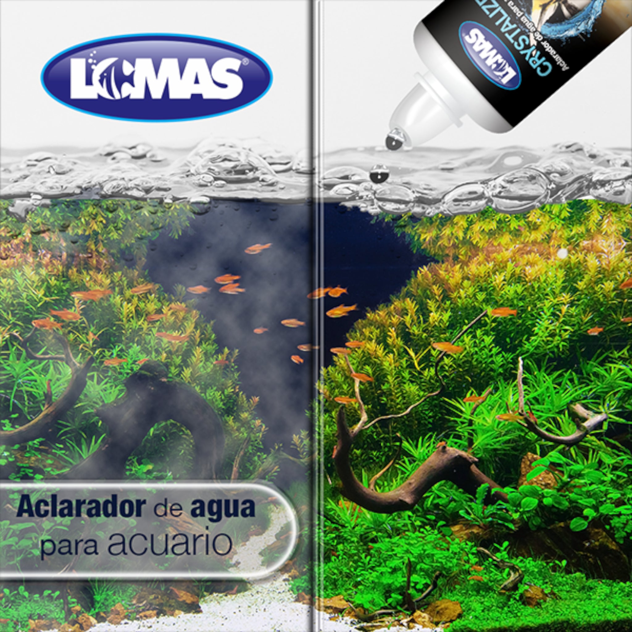 Comparativa de acuario con agua turbia y agua cristalina después de usar el aclarador Crystalize, mostrando la efectividad en la eliminación de partículas.