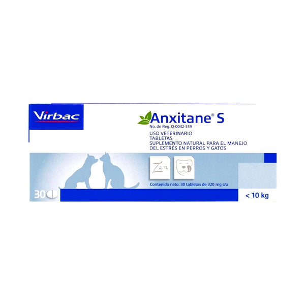 Caja de Anxietane S de 30 tabletas para perros y gatos pequeños, suplemento natural con L-teanina para reducir ansiedad y estrés sin sedación.