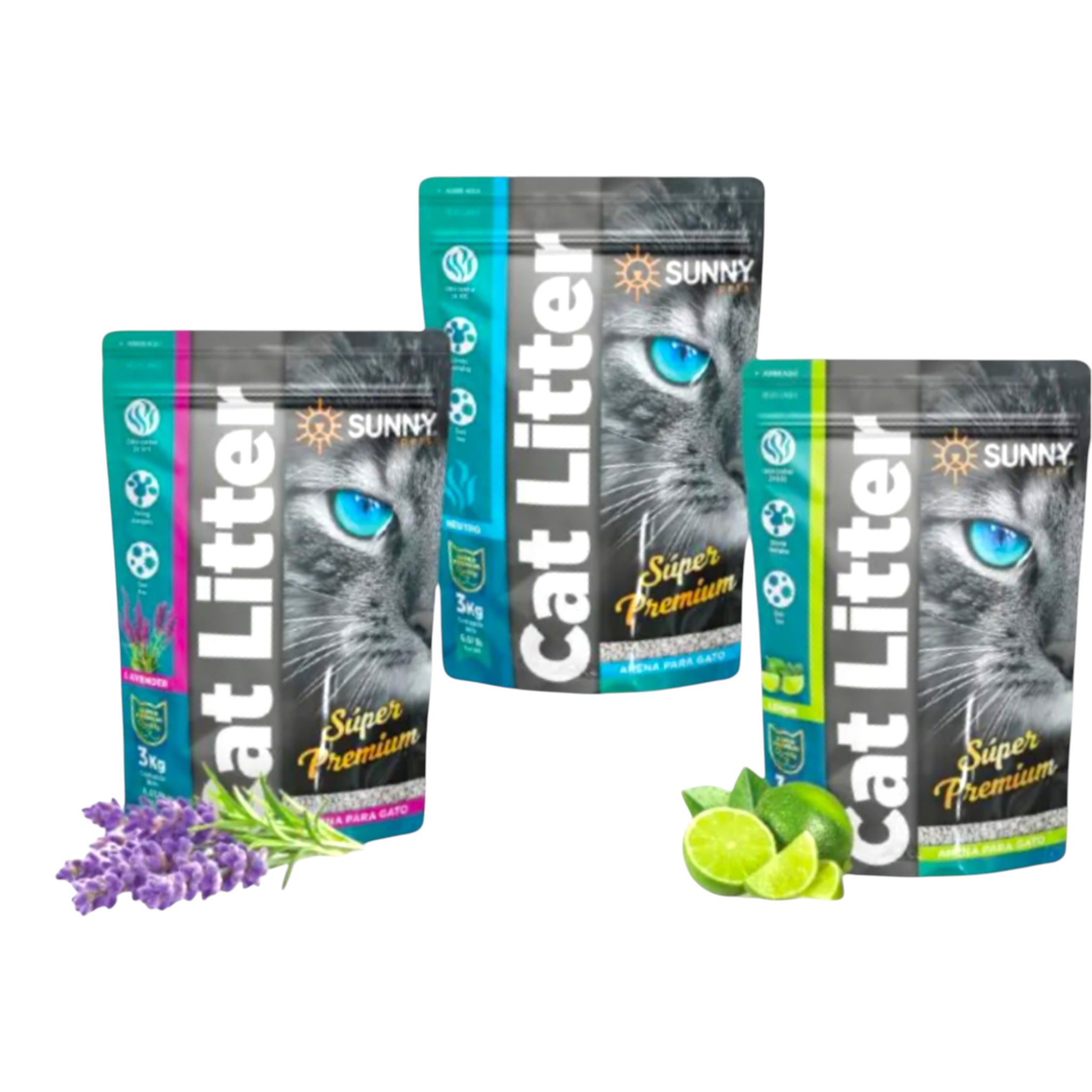 bolsas de arena para gato Sunny Súper Premium de 3 kg con aromas limón y lavanda, aglutinante y con control de olores