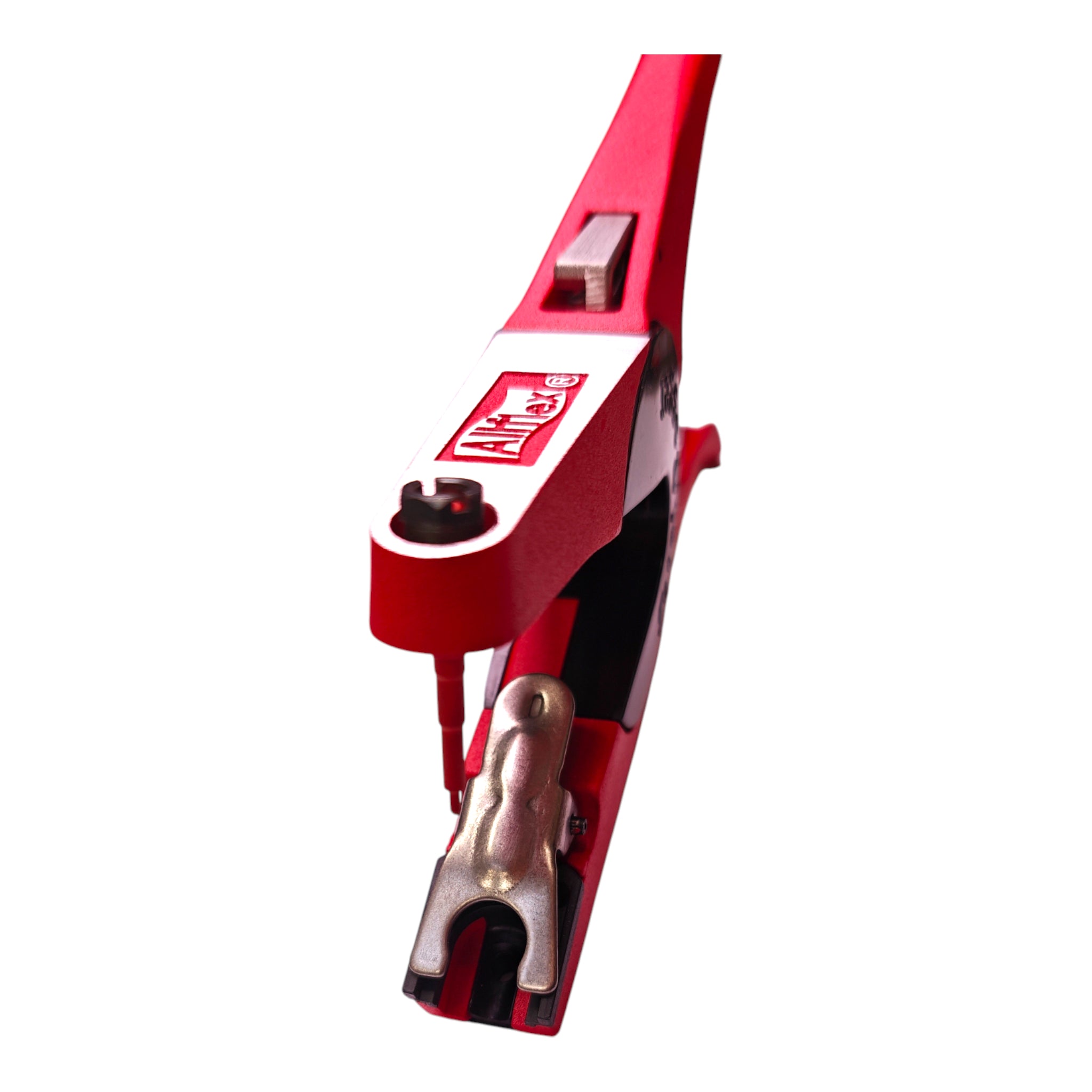Aretadora Allflex abierta, mostrando su sistema universal y estructura metálica resistente.