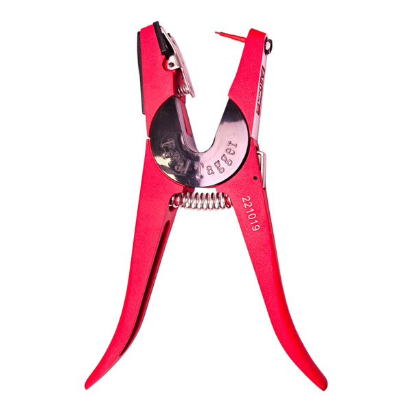 Vista frontal de la aretadora de ganado Allflex Total Tagger Universal roja con aguja metálica.