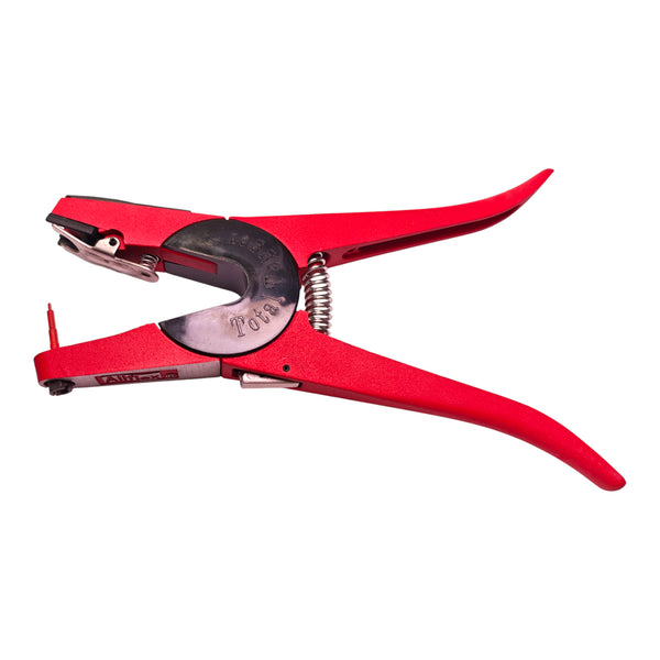 Vista inclinada de la aretadora Allflex Universal en color rojo, ideal para identificación de ganado.