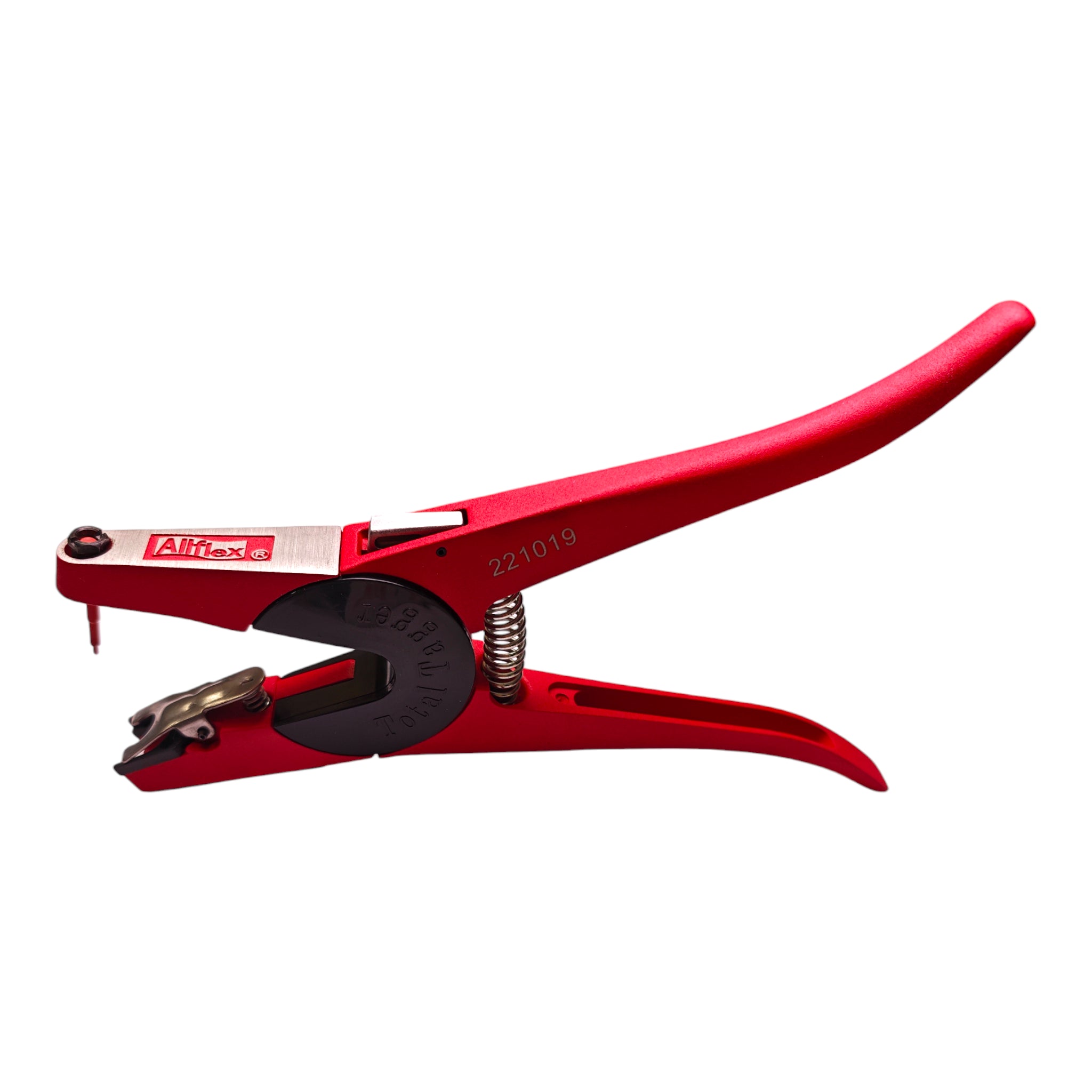 Aretadora de ganado Allflex vista lateral mostrando su diseño ergonómico y mecanismo de resorte.