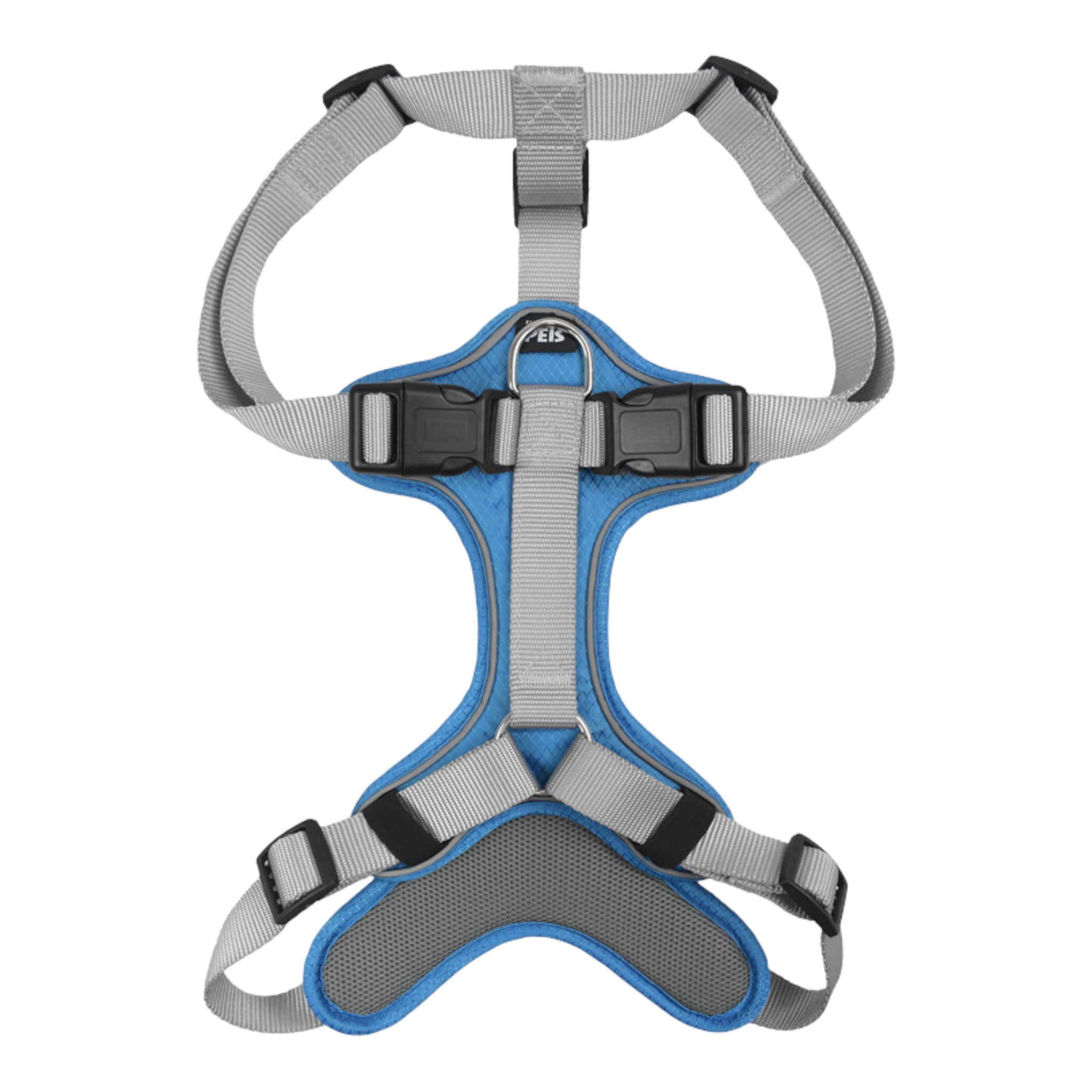 Vista frontal del arnés ergonómico para perro en color azul, destacando el diseño que distribuye la presión sobre el pecho.