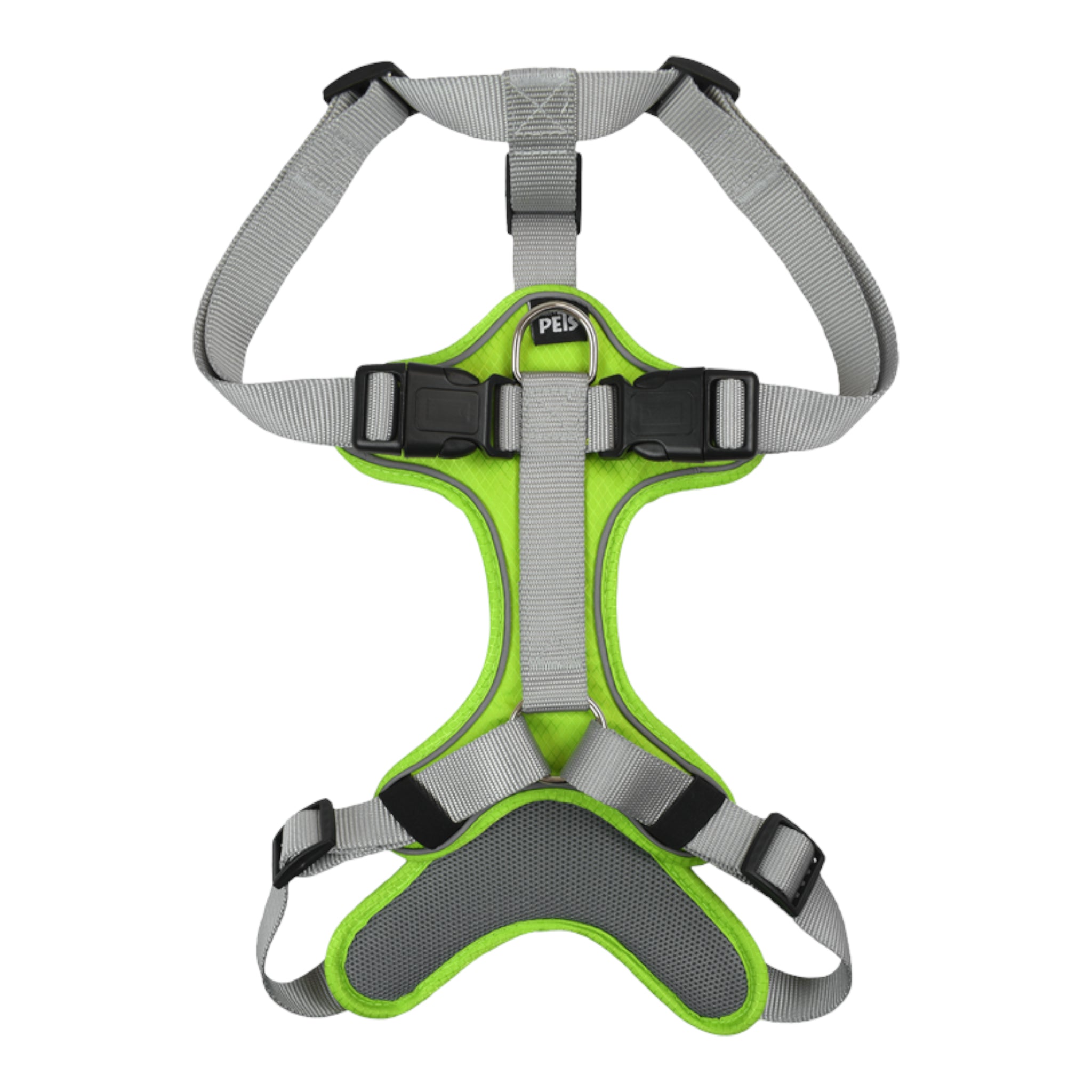 Vista  del arnés ajustable para perro color verde, diseñado para distribuir la presión uniformemente sobre el pecho.