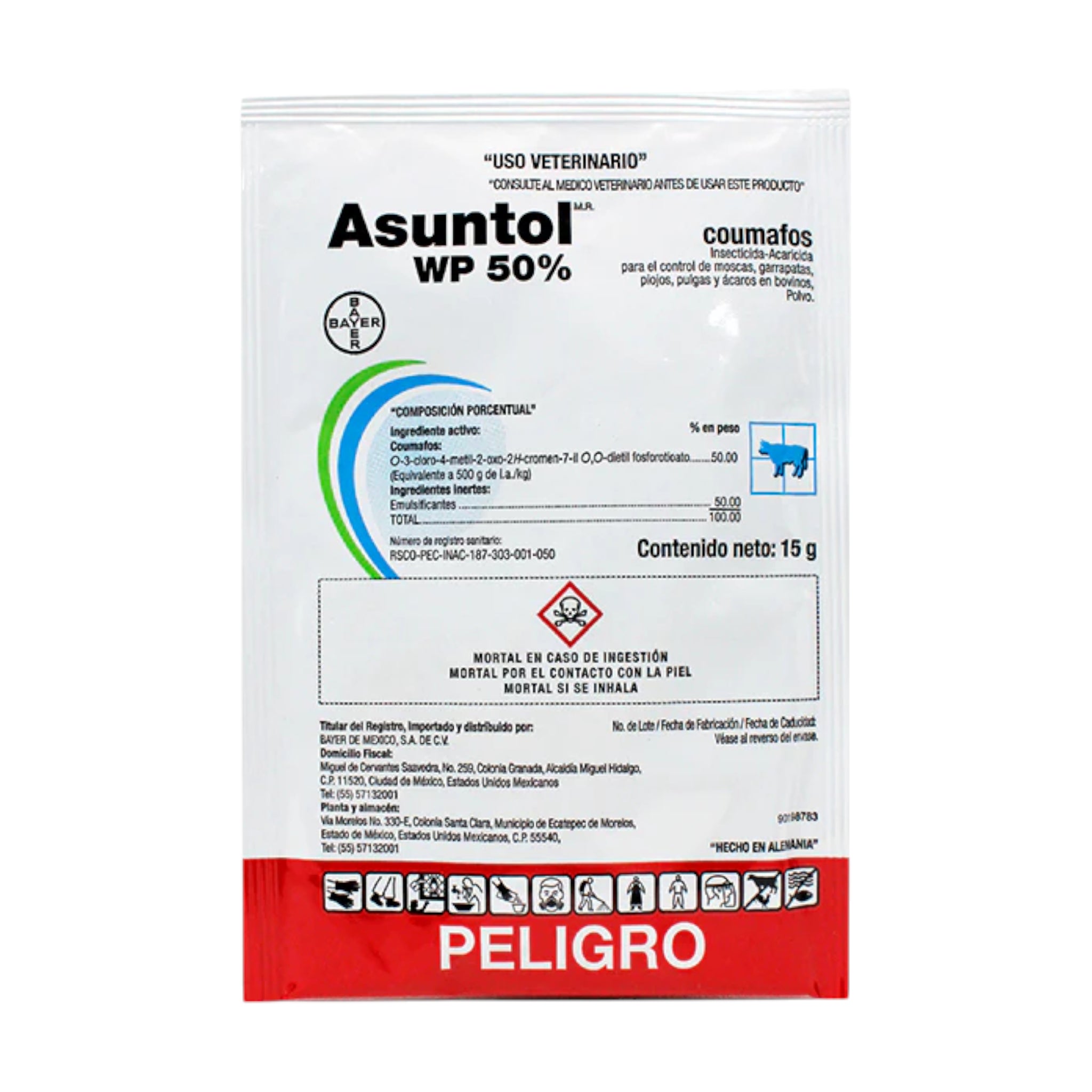 Envase de Asuntol WP 50% insecticida acaricida con Coumafos, ideal para eliminar moscas, garrapatas y pulgas en ganado bovino.