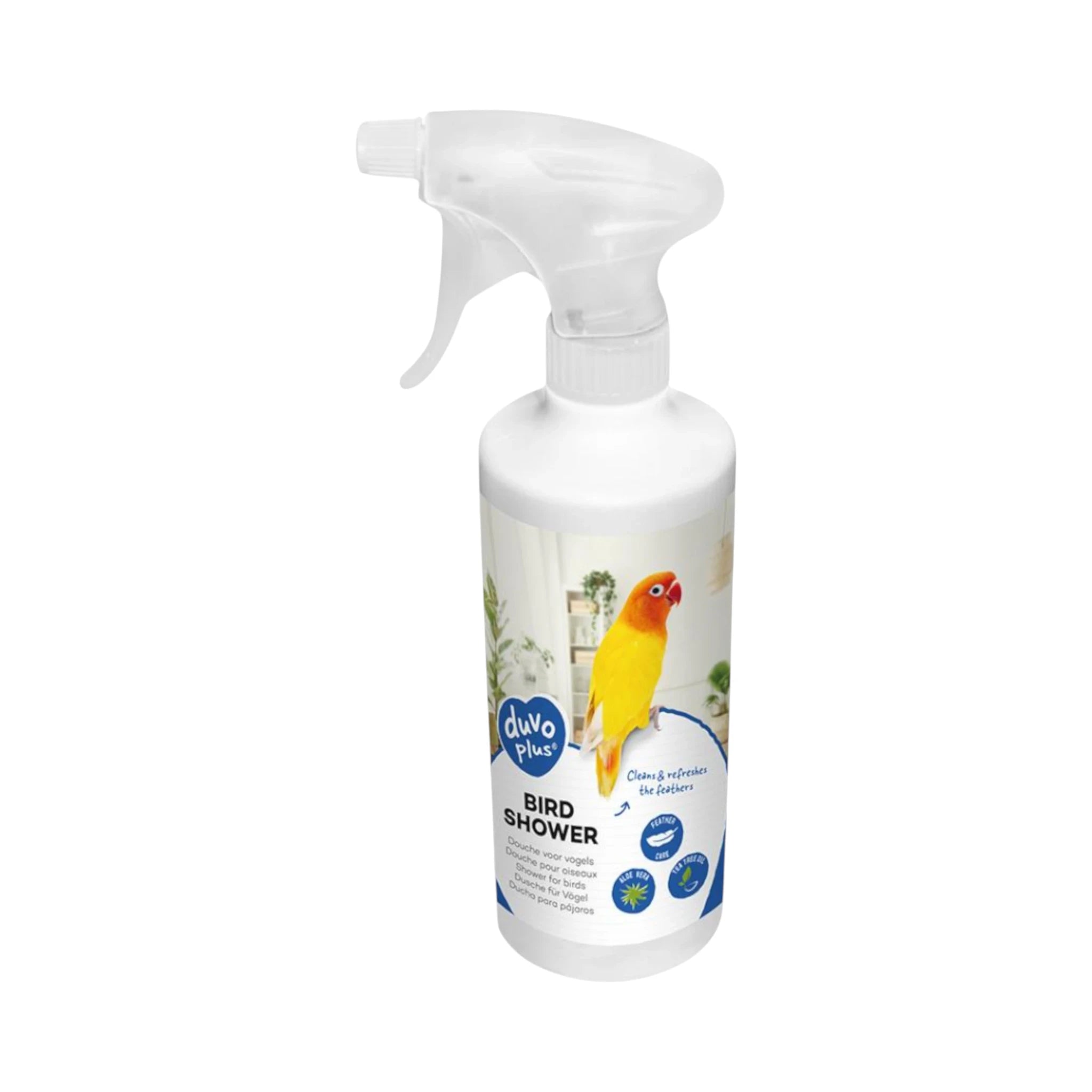 Botella de Atomizador de Baño Duvoplus para aves con aloe vera y menta, limpia y refresca el plumaje de forma natural.