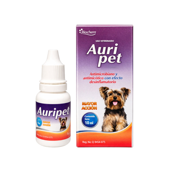 Empaque de gotas óticas Auripet para desinflamar y limpiar el canal auditivo de mascotas con infección.