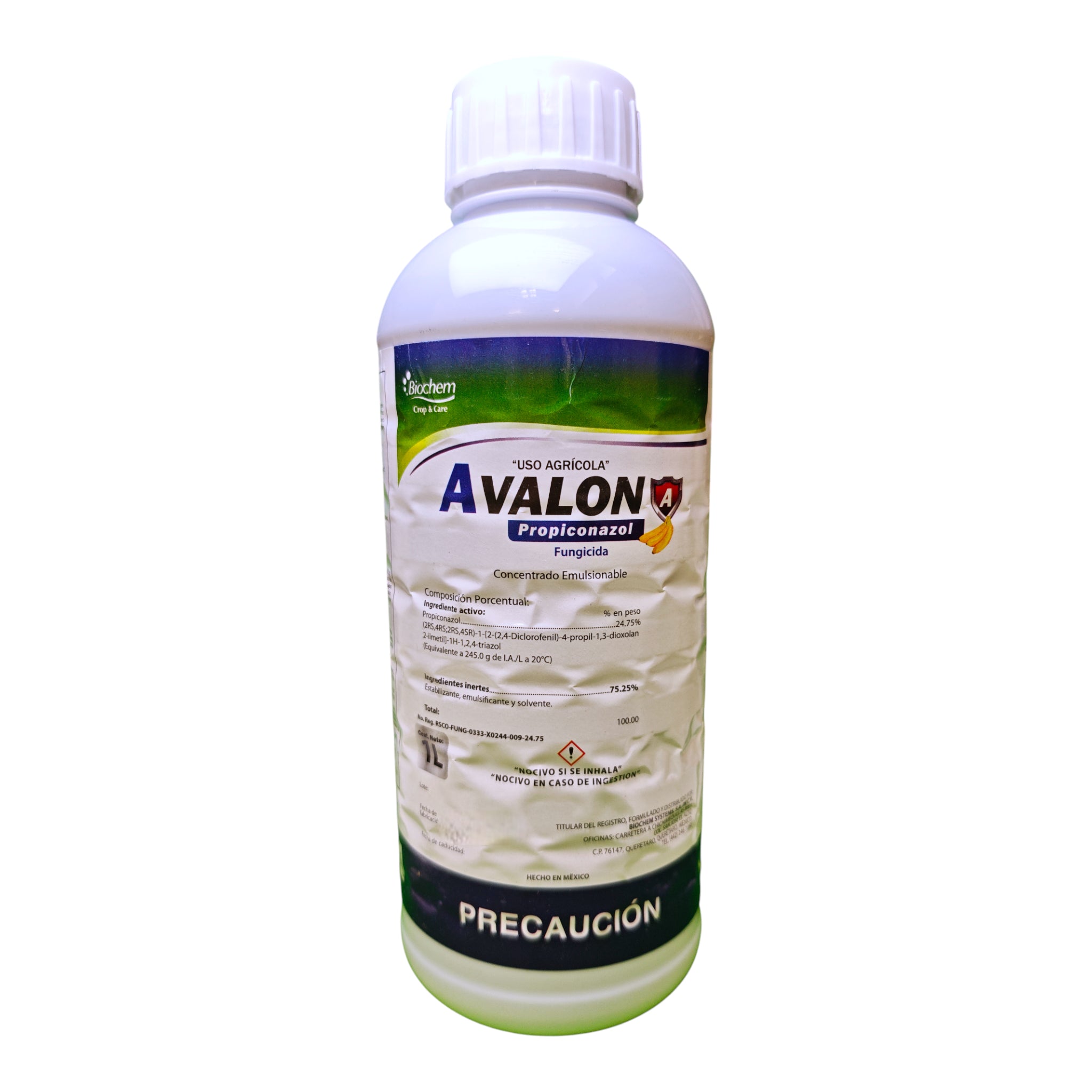 Envase del fungicida Avalon con propiconazol 24.75% para controlar roya, oídio, antracnosis y tizón en hortalizas, frutales y ornamentales.