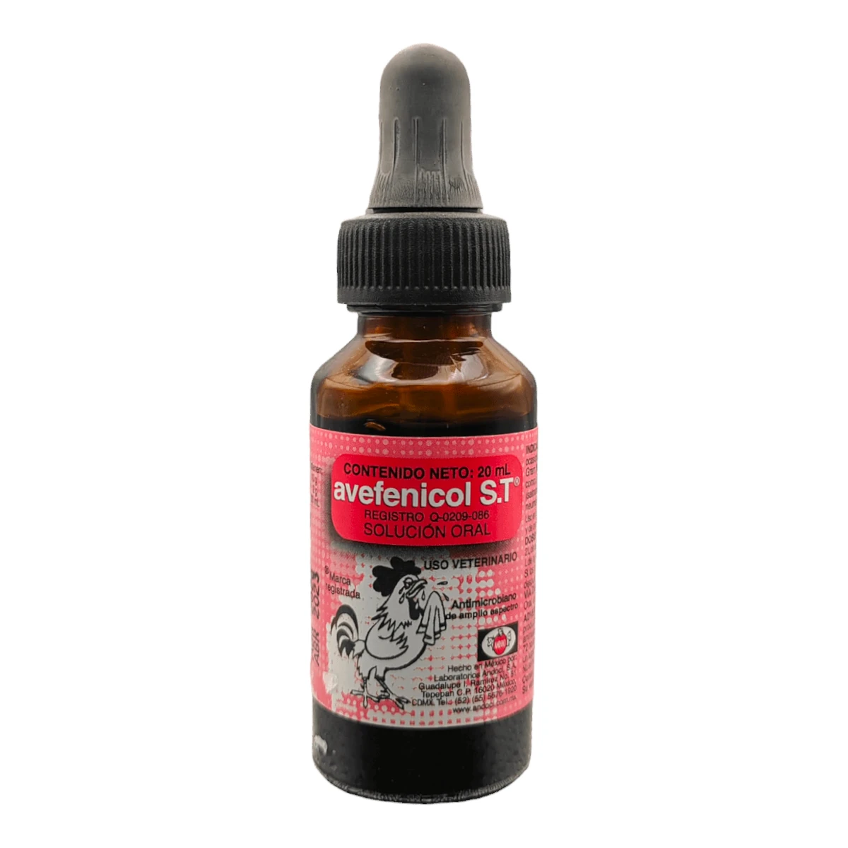 Frasco de Avefenicol Oral ST de 20 ml, antibiótico de amplio espectro para aves de ornato y combate, ideal para el agua de bebida.