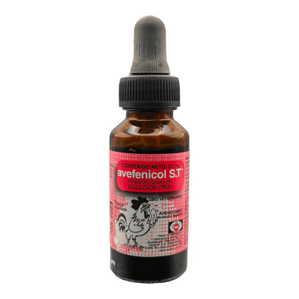 Frasco de Avefenicol Oral ST de 20 ml, antibiótico de amplio espectro para aves de ornato y combate, ideal para el agua de bebida.