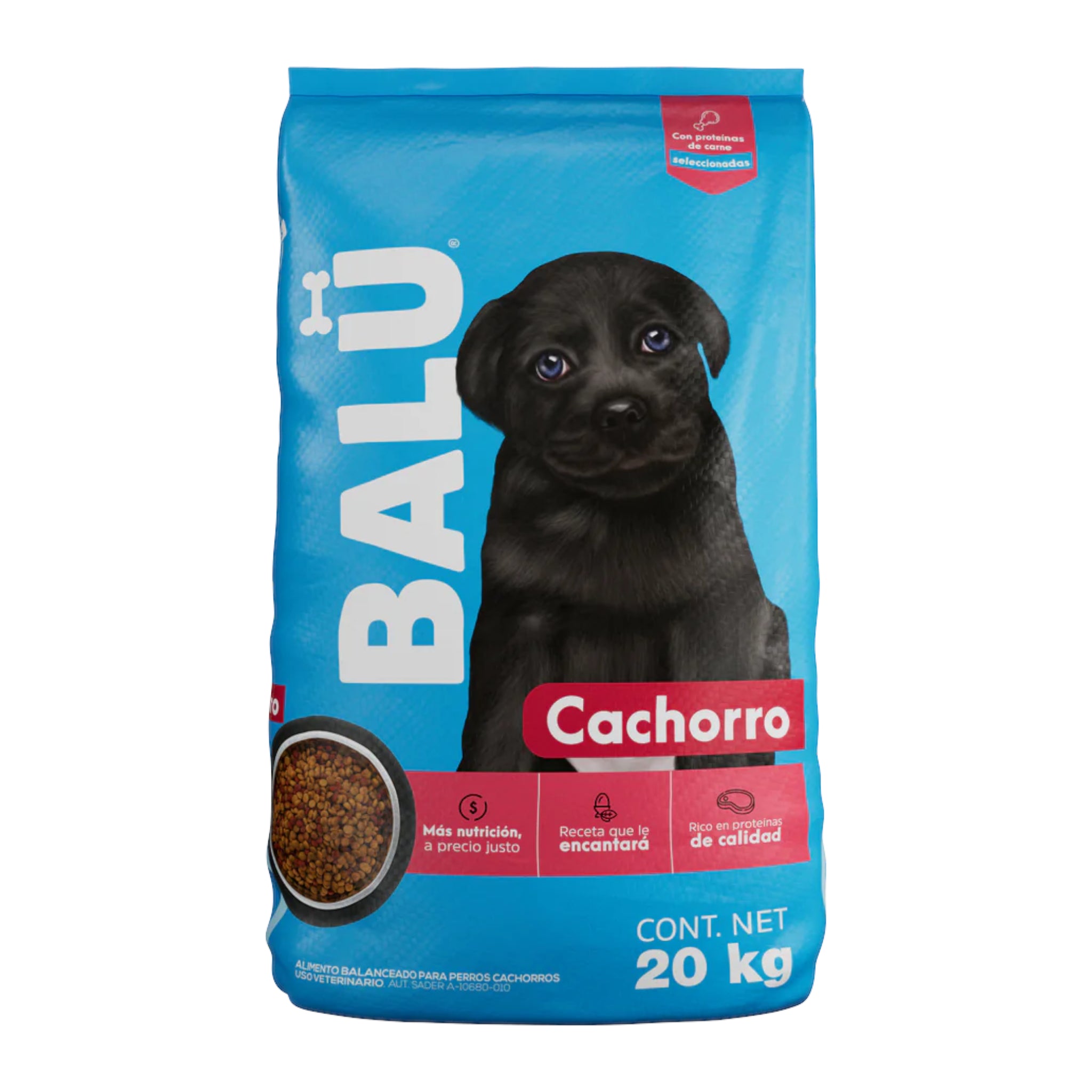 Saco de alimento Balú Cachorro de 20 kg con imagen de un tierno cachorro negro, destacando proteínas seleccionadas y nutrición a precio justo.