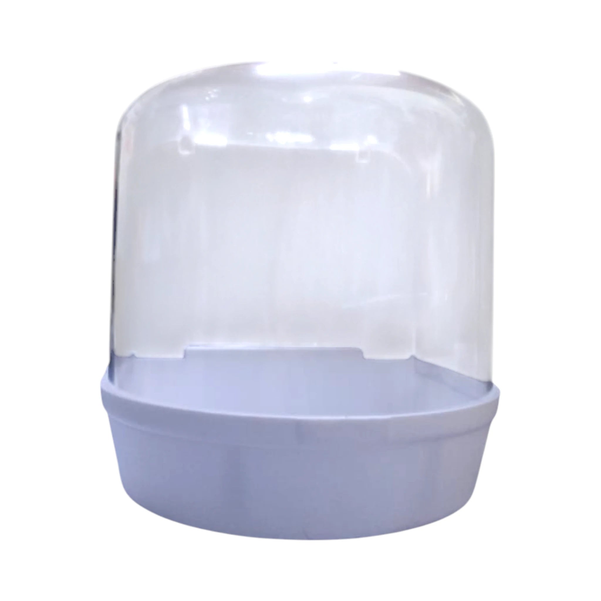 Bañera exterior de plástico transparente con base blanca, ideal para aves pequeñas como canarios y periquitos.