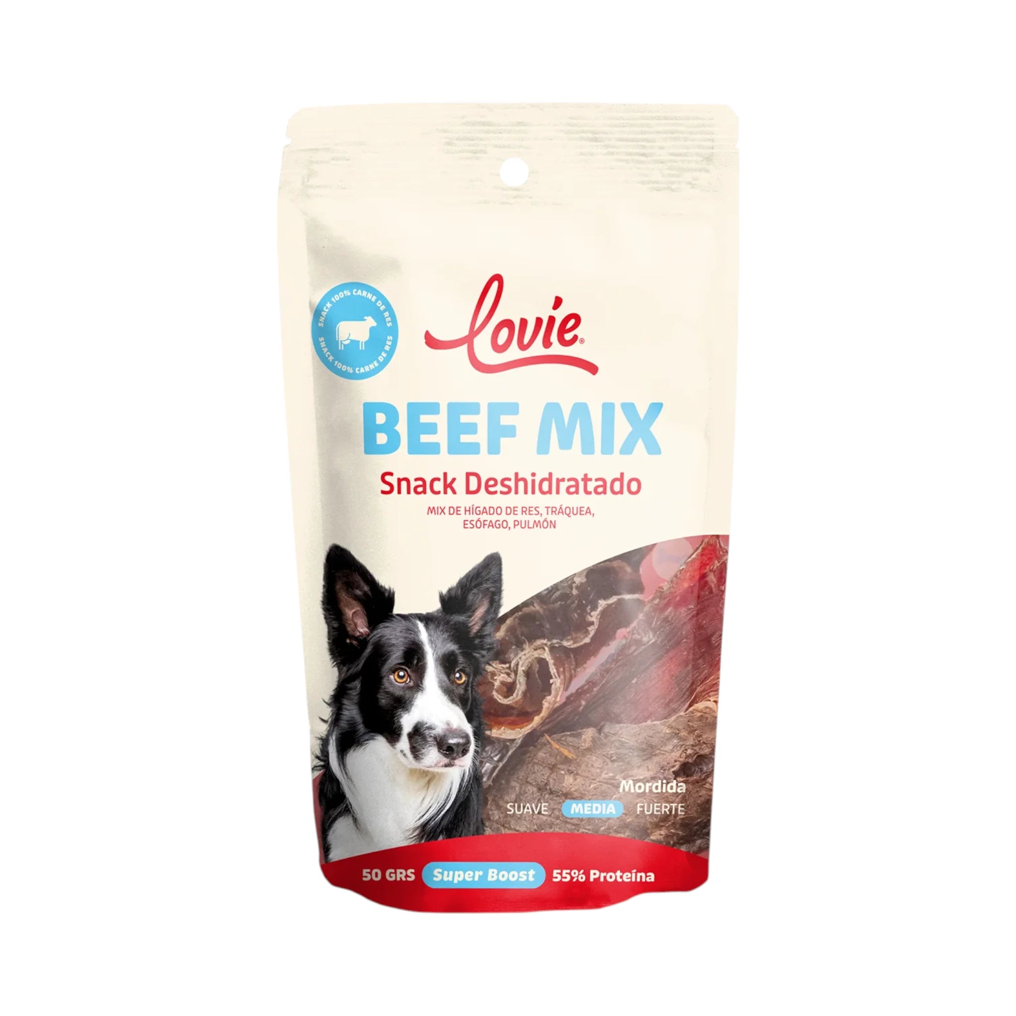 Bolsa Beef Mix Lovie para perros, snack deshidratado 100% natural con mezcla de hígado, tráquea, esófago y pulmón de res; indica 55% proteína y mordida media.