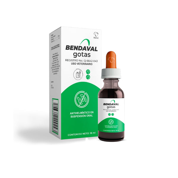 Caja y frasco de Bendaval gotas 18ml para perros y gatos, antiparasitario oral con albendazol para giardiasis y parásitos intestinales