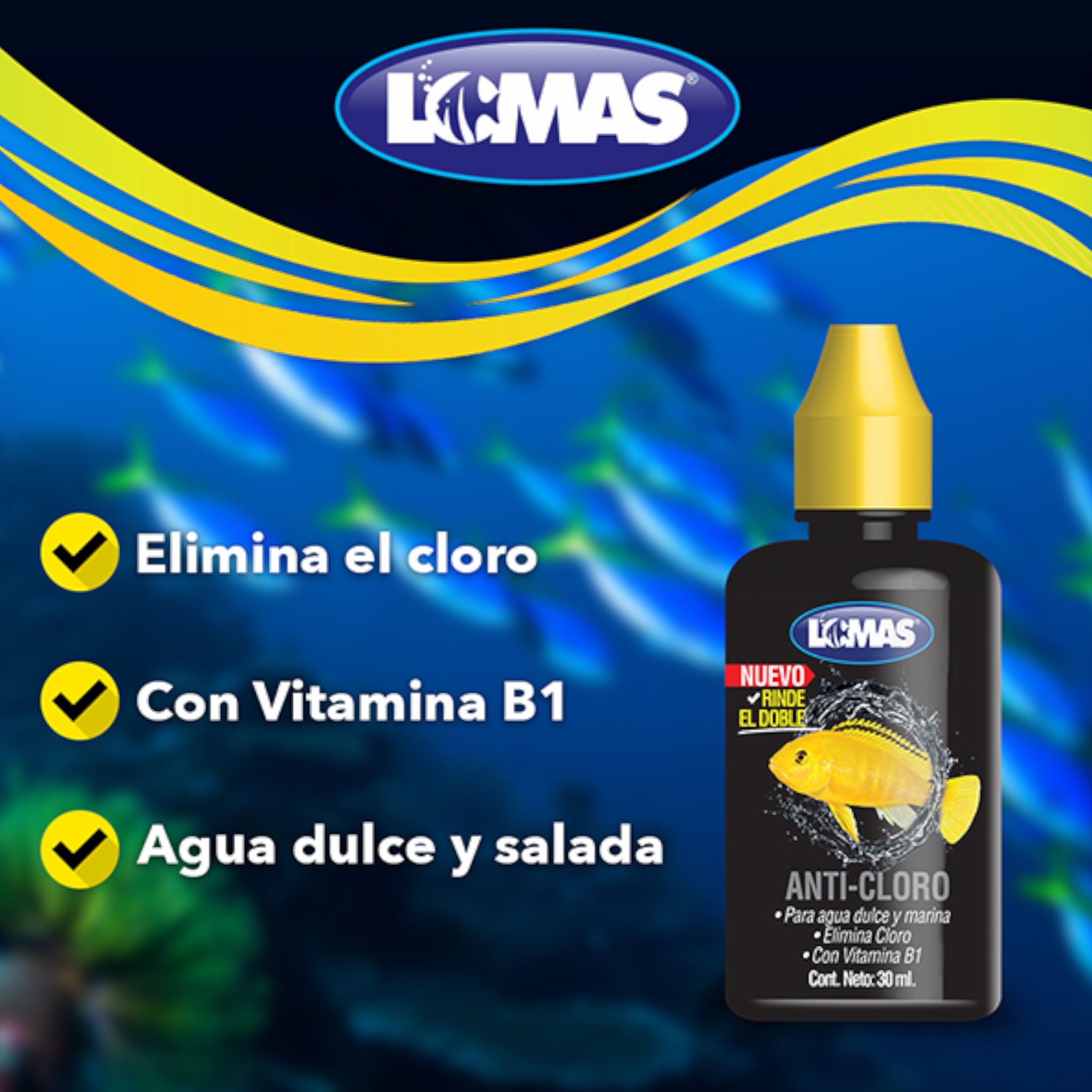 Infografía del Anti-Cloro Lomas destacando la eliminación de cloro, el refuerzo de vitamina B1 y su uso en agua dulce y salada.