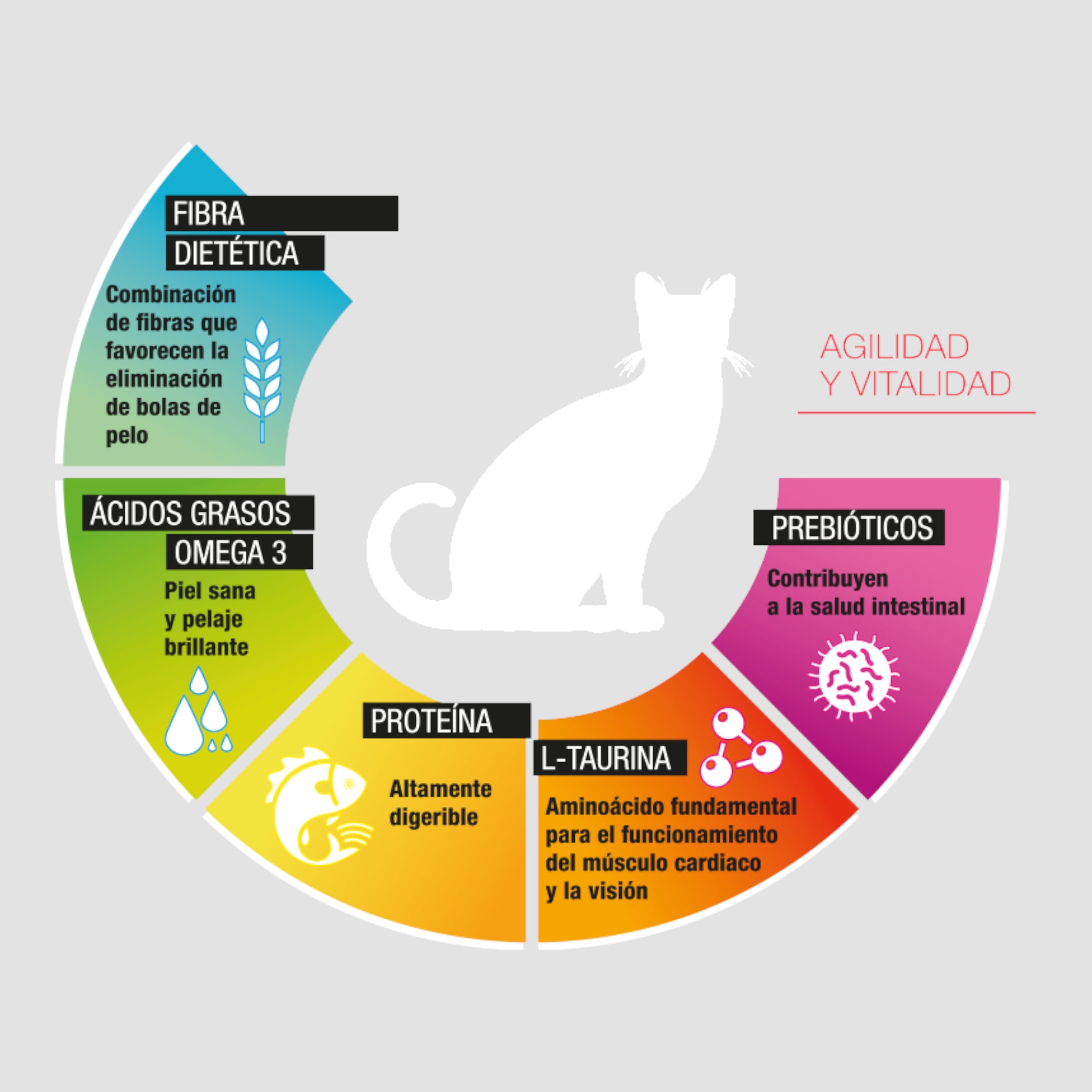 Gráfico nutricional de alimento para gato adulto con fibra dietética para control de bolas de pelo, omega 3 para piel y pelaje, prebióticos digestivos y taurina para corazón y visión.