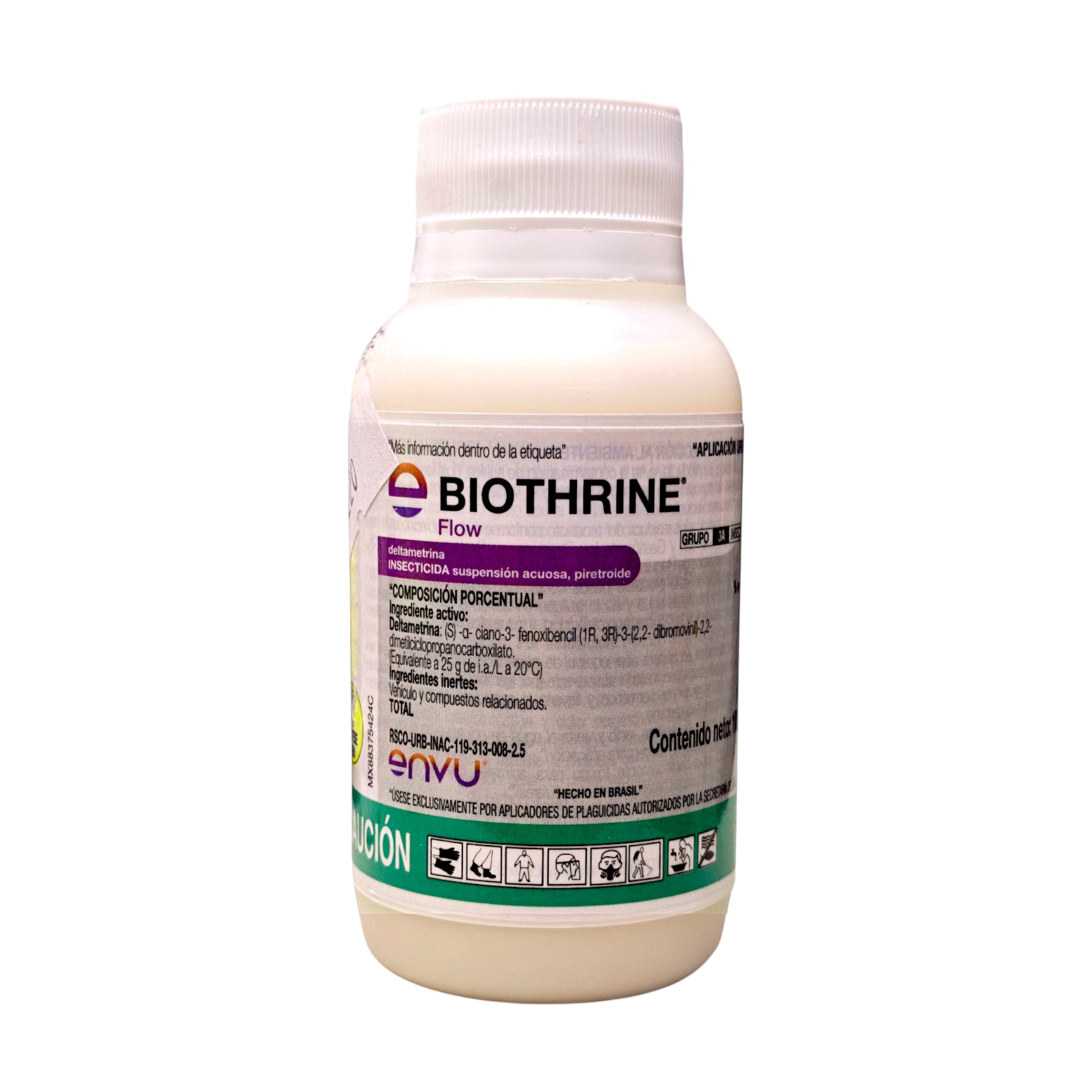 Envase de Biothrine Flow insecticida con deltametrina 2.5 %, ideal para eliminar moscas, cucarachas, pulgas y alacranes en hogares y negocios.