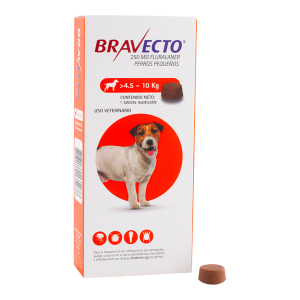 resentación de Bravecto para perros de 4.5 a 10 kg, masticable saborizado para el control de ectoparásitos durante 3 meses