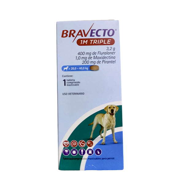 Caja del Bravecto 1M Triple para perros de 20 a 40 kg, tratamiento mensual antiparasitario con sabor a hígado