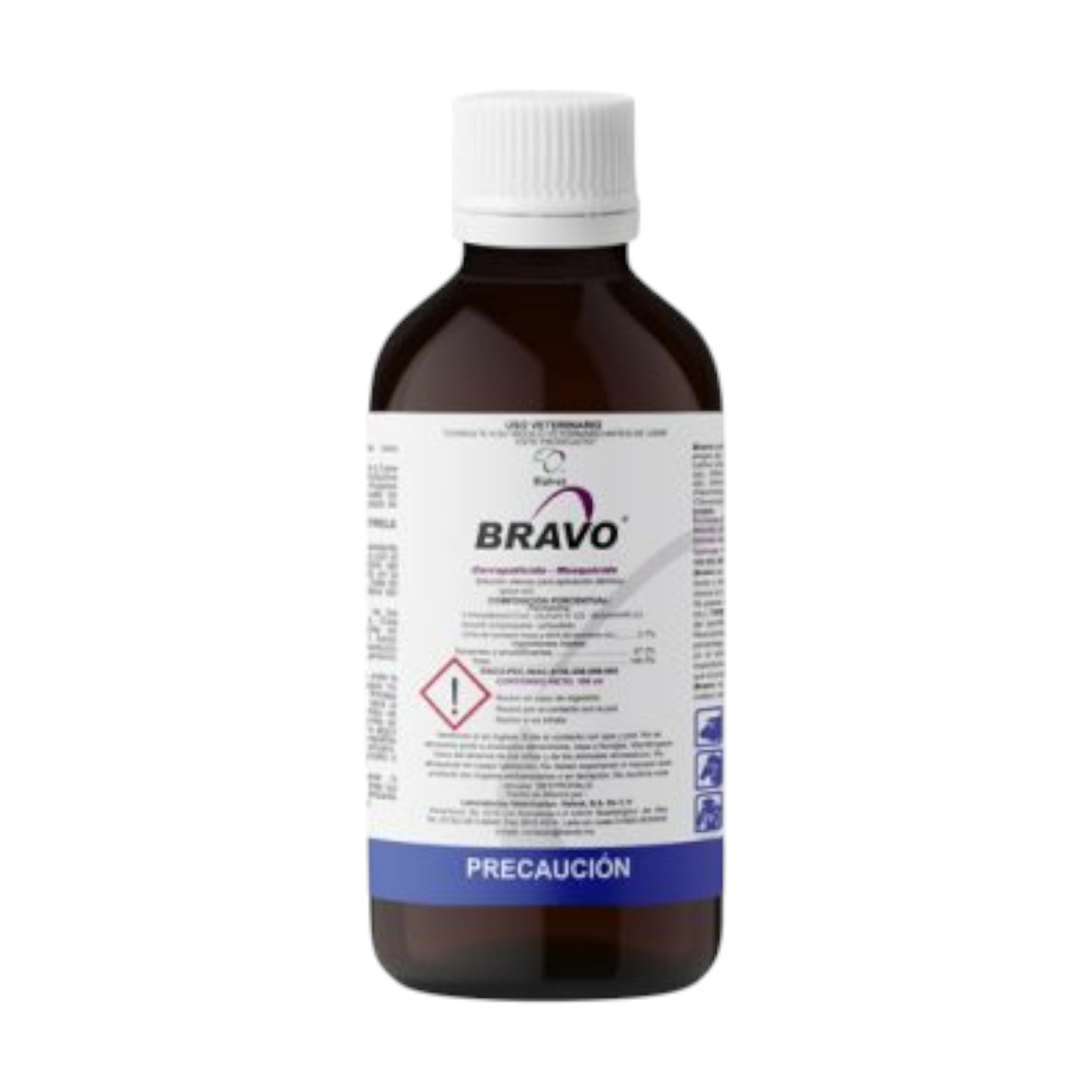 Frasco de Bravo Insecticida 100 ml con permetrina, ideal para eliminar pulgas, garrapatas y moscas en perros, gatos y ganado.